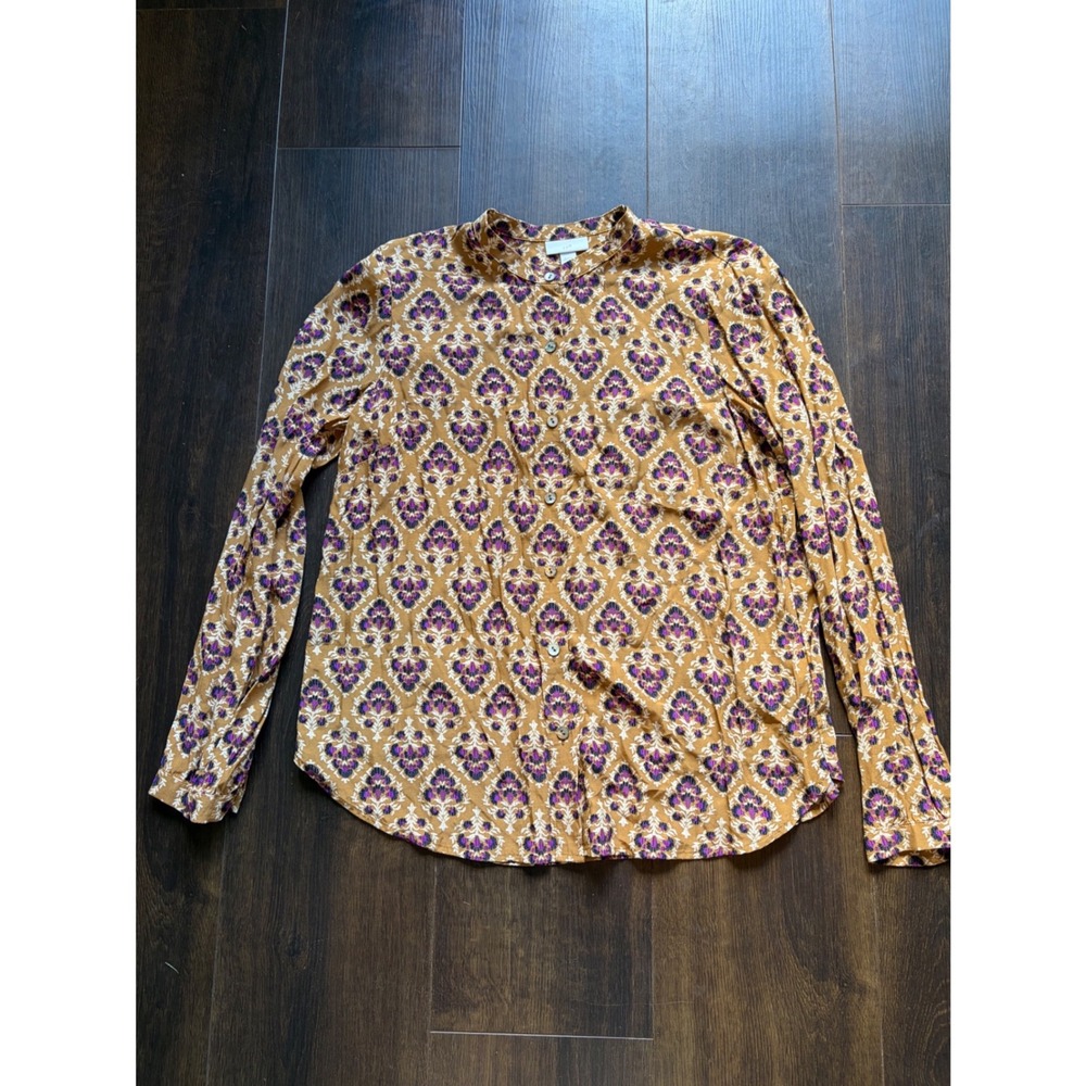 J. Jill Womens XS Rayon Button Front Blouse Mustard Yellow Purple Ikat Damask